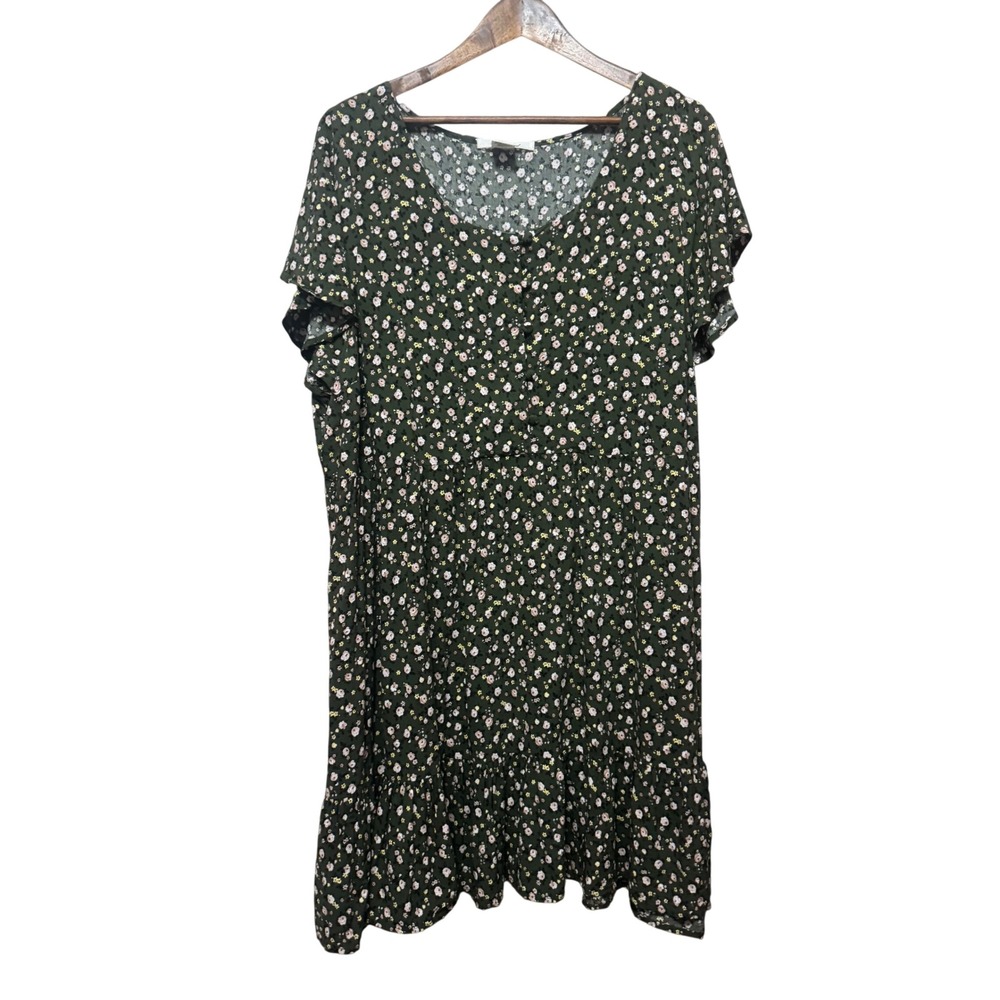 Maison Jules Floral Dress Womens 2X Green Excellent Flutter Sleeve Tiered Ruffle